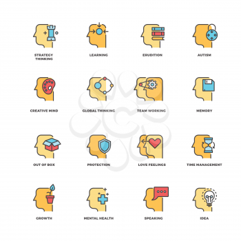 People brain thinking, mental health outline icons with flat elements. Head human and brain process human. Vector illustration