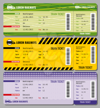 Train vintage travel tickets vector set. Ticket to train and set of illustration to speed train tickets