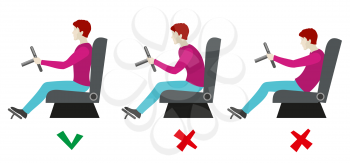 Correct and bad sitting postures for driver. Man sitting on chair correct. Healthy correct pose for driver. Vector illustration infographics