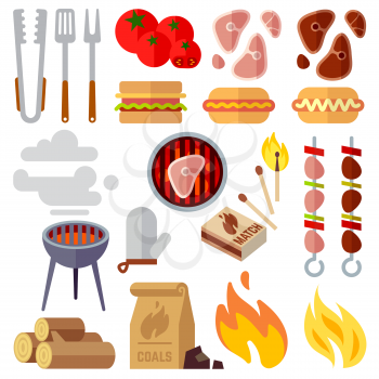 Summer picnic, barbecue and grilled food steak vector icons. Grill barbecue, summer barbecue picnic, barbecue cooking illustration