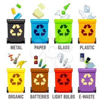 Recycle bins with different waste types. Waste management concept. Color containers for waste. Vector illustration
