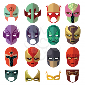 Hero mask characters vector flat icons. Hero cartoon mask and color avatar mask set illustration