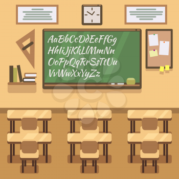 School, university, institute, college classroom with chalkboard and desk. School classroom and lesson study classroom. Vector flat illustration