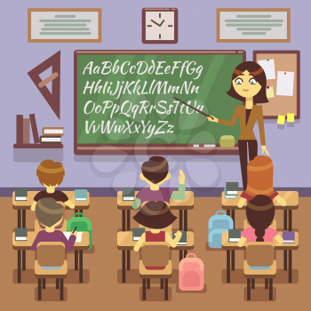 School lesson in classroom with school child, pupils and teachers. Classroom with student, teacher study in school classroom. Vector flat illustration