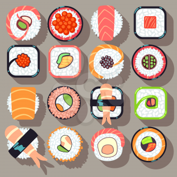 Sushi japanese cuisine food flat vector icons. Sushi food and roll sushi icon seafood illustration
