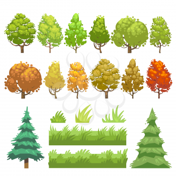 Trees and grass flat vector icons set. Green plant tree and nature grass, element for wood forest grass and tree illustration