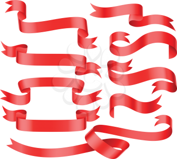 Red bright glossy ribbon patterns vector banners. Ribbon for festive and group wavy satin or silk ribbon illustration