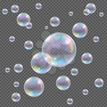 Soap bubbles on transparent background. Realistic transparent vector soap bubbles with rainbow reflection and glares on checkered background