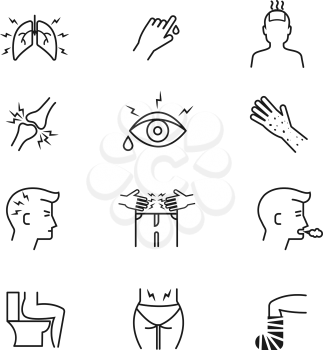 Human illness and diseases symptoms thin line vector icons set. Disease human symptom and medical symptoms illustration