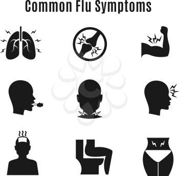 Flu influenza sickness symptoms vector icons. Influenza symptom collection and infection influenza and cough illustration