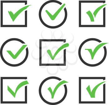 Check mark icon boxes vector set. Sign of confirmed check mark and positive check mark illustration