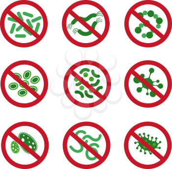 Antibacterial icons with germ. Bacteria kill vector symbol. Control infection signs. Set of antibacterial symbol and illustration of antibacterial ban
