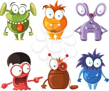 Cartoon cute character monsters vector set. Crazy monsters with funny grimace, bizarre monster illustration