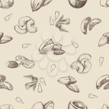 Nuts hand drawn doodles seamless pattern. Almond and pecan nut, endless pattern with nuts illustration