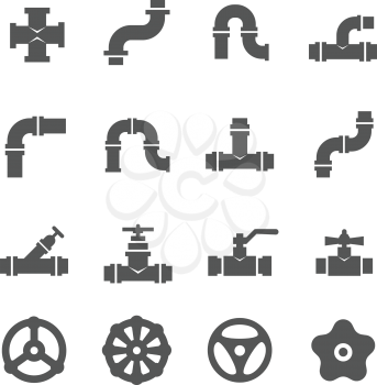 Valve, taps, pipe connectors, pipe details vector icons set. Set of pipe and tube with valve illustration