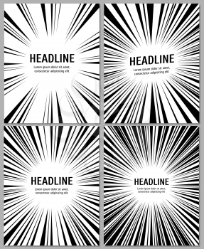 Business brochure with radial comic speed lines. Radial monochrome banner and booklet paper template with radial pattern. Vector illustration template