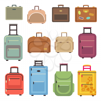 Travel luggage and set of travel bag, suitcase vector flat icons illustration
