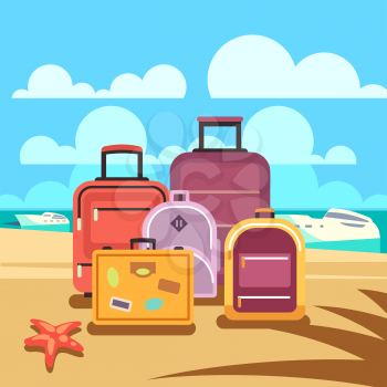 Traveling planning, summer vacation, tourism vector background with passenger luggage. Summertime travel and baggage for summer journey illustration