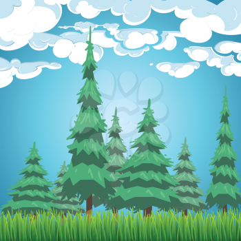 Spruce forest landscape. Nature view with fir trees, grass and clouds vector illustration