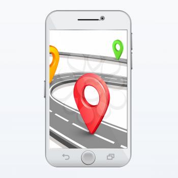 GPS smartphone app vector. Road and pins on smartphone screen