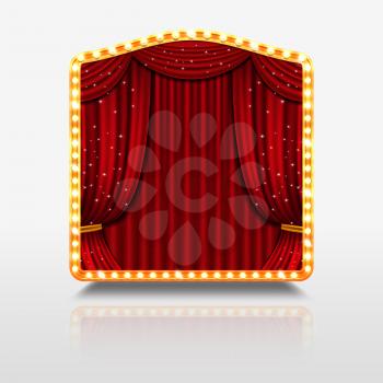 Stage curtain in shining banner with golden frame. Stage with red curtain for concert theatre, shining stage for event premiere. Vector illustration