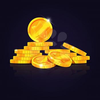 Gold coins stack vector illustration. Coin money isolated on black background. Golden coins to investment