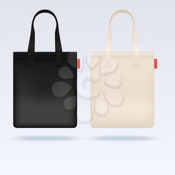 White and black fabric cloth tote bags vector mockup. Realistic illustration bag, mockup of shopping bag