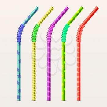 Colored drinking straws. Plastic straw tube for drink and stripe pipe straw flexible. Vector illustration set