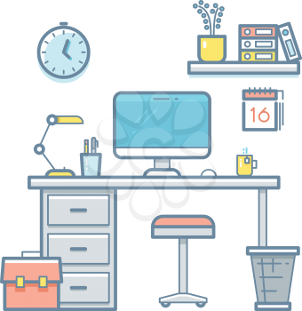 Workspace with desktop computer. Web coder workplace tools, software equipment, workspace for developer thin line flat vector interior illustration