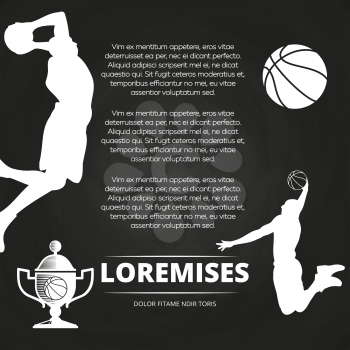 Basketball tournament blackboard background with athlete silhouettes, ball and goblet. Vector illustration