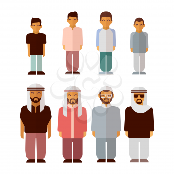 Flat arabic boys and men isolated on white background. Arabic people characters, vector illustration