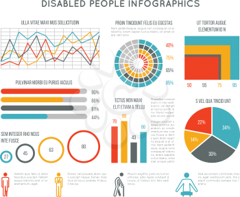 Healthcare and disability vector infographic with disabled person icons, charts and diagrams. Medical infographic disability people illustration