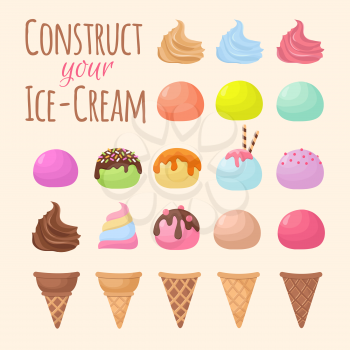 Cartoon ice cream and waffle cone cartoon creation constructor. Cone ice cream food chocolate and vanilla flavor. Vector illustration