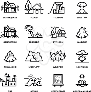 Natural disaster accidents line vector icons and damage symbols. Hurricane and storm, fire and tsunami, flood and earthquake illustration
