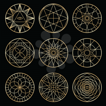 Esoteric geometric pentagrams. Spiritual sacred mystical vector symbols. Esoteric pentagram sacred geometric ine style illustration