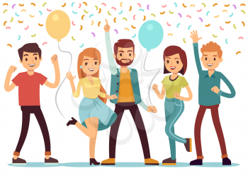 Laughing and dancing young people at party. Happy men and women celebrate important event. Vector illustration. People on party, woman and man group happiness