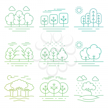 Bright nature forest landscape thin line icons isolated on white. Tree environment linear, outline forest and green park, vector illustration