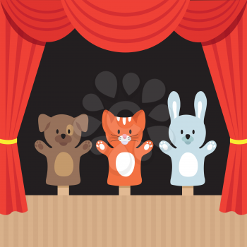 Childrens puppet theater scene with cute animals and red curtain. Cartoon vector illustration. Puppet toy in theater, marionette performance show