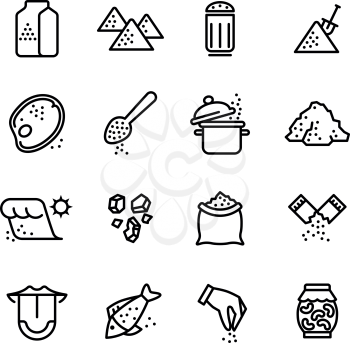Salt vector line icons set. Illustration of salt icon for cook meat and fish