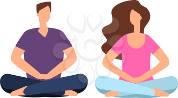 Couple in meditation. Young man, woman relaxing and meditating in yoga pose. Harmonious family relations and friendship vector concept. Meditation woman man, female and male relaxation illustration