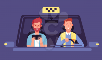 Taxi app. Client and taxi driver inside cab cabin. Taxi booking smartphone application vector background. Illustration of taxi client in automobile