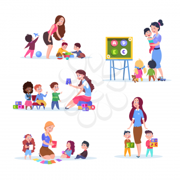 Kids in kindergarten. Fun children learning and playing in classroom with teacher. Cartoon vector characters set. Illustration of teacher in kindergarten, kids boy and girl education
