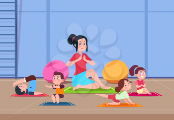 Kids in yoga class. Cartoon children with instructor doing yoga exercises in gym interior. Healthy lifestyle vector concept. Illustration of yoga exercise kids class