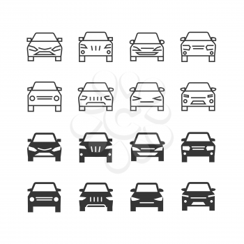 Autos front view line and silhouette vector icons. Illustration of auto vehicle front, automobile and car outline