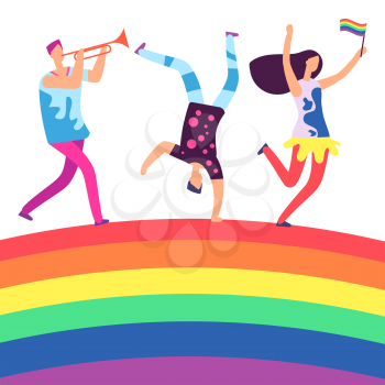 Lgbt parade. People holding rainbow flag. Gay love pride, sexual discrimination protest on rainbow. Illustration of homosexual equality, parade gay and lesbian