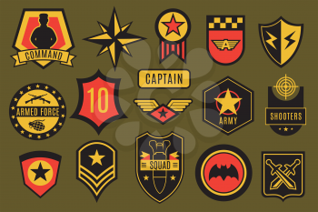 Army badges. Usa military patches and airborne labels. American soldier chevrons with typography and star vector set. Illustration of armed shield and emblem, army and military patch