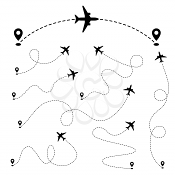 Airplane paths. Plane dashed tracing line from point. Vector set. Pathway airplane, aircraft route line, track air illustration