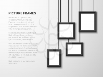 Blank hanging frames. Pictures, photo frames on light wall. Contemporary vector interior. Illustration of interior wall banner with picture frame