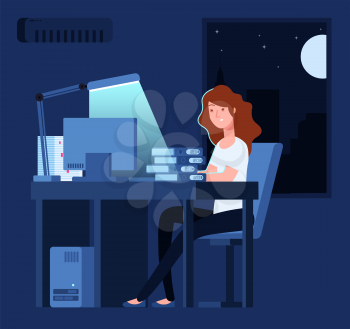 Woman working at night. Unhappy stressed female late hard works in office with documents and computer vector concept. Woman worker night, overworked and unhappy illustration