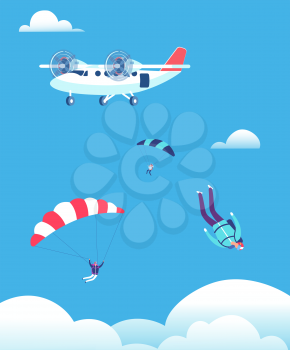 Skydiving concept. Parachutists jumping out of plane in blue sky. People skydivers vector illustration. Parachutist skydiving, parachute jump